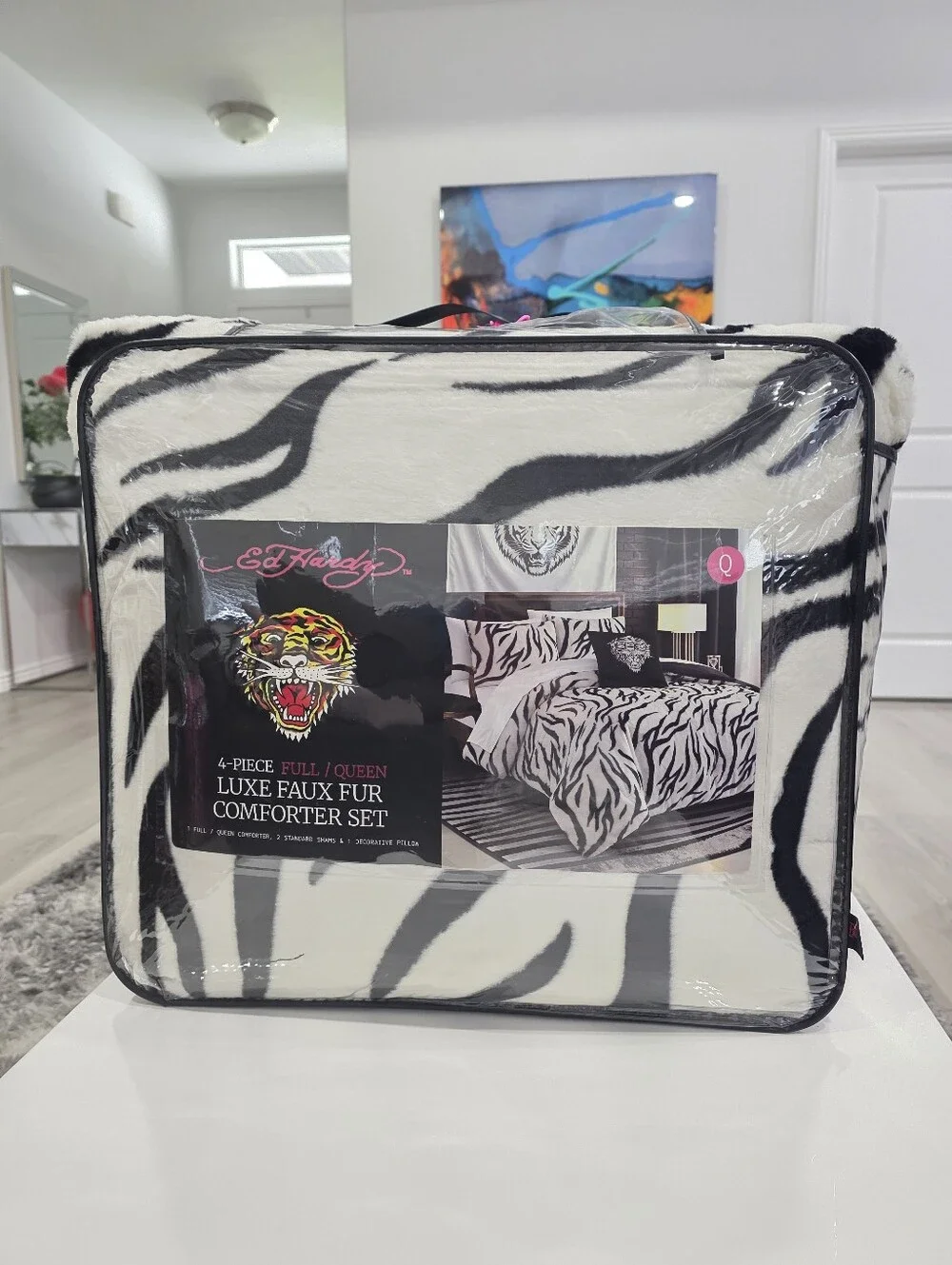 Ed Hardy QUEEN 4 piece Luxe Faux Fur Comforter Set Zebra Print New